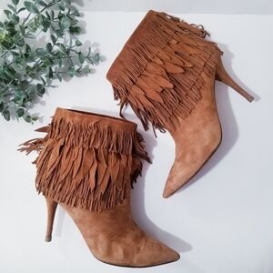 AQUAZZURA Sasha Wild Fringe Suede Ankle Bootie Boots in Cognac 39 US 9